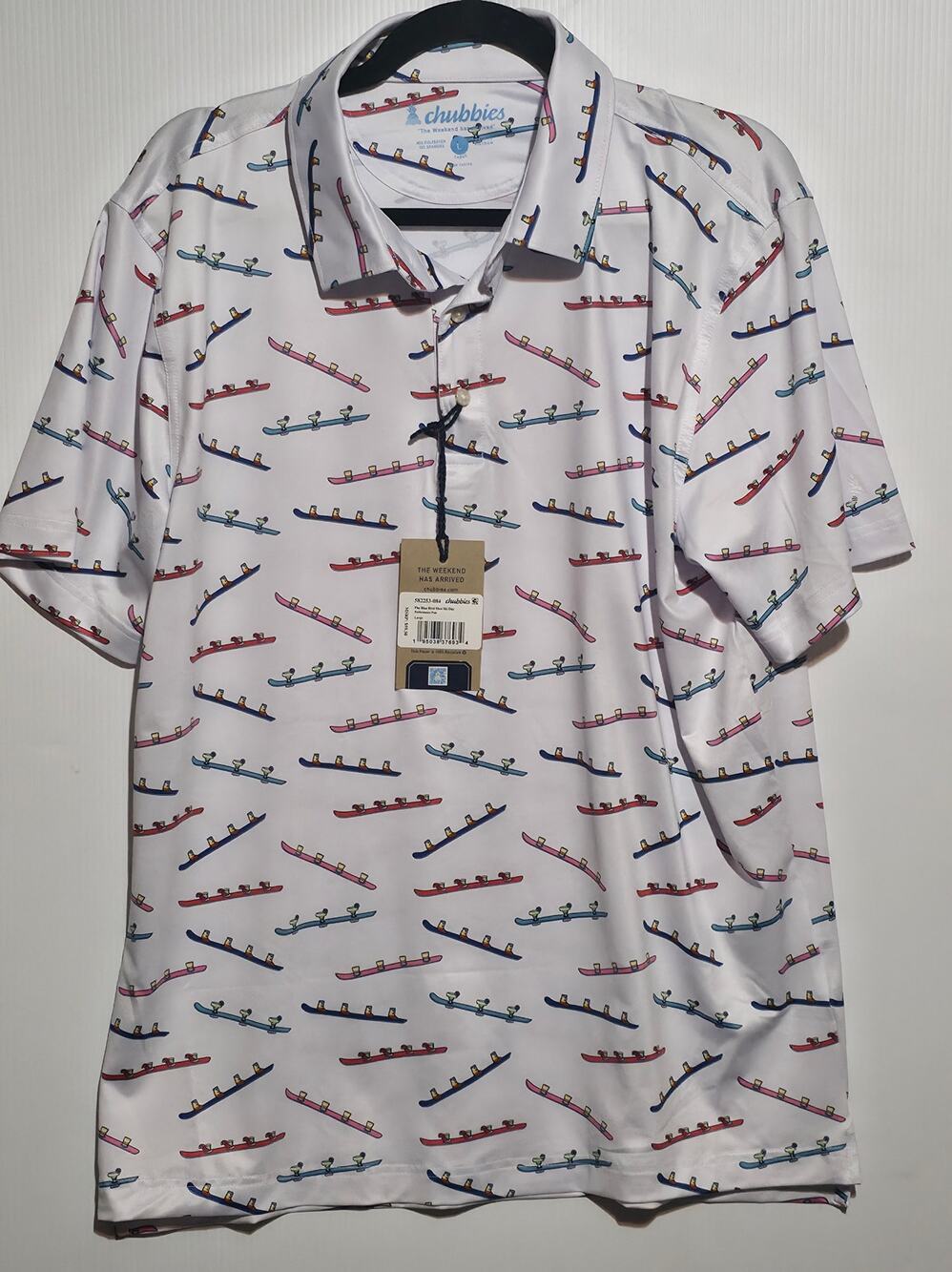 Chubbies Men's Large Blue Bird Shot Ski Day Performance Polo Shirt NWT